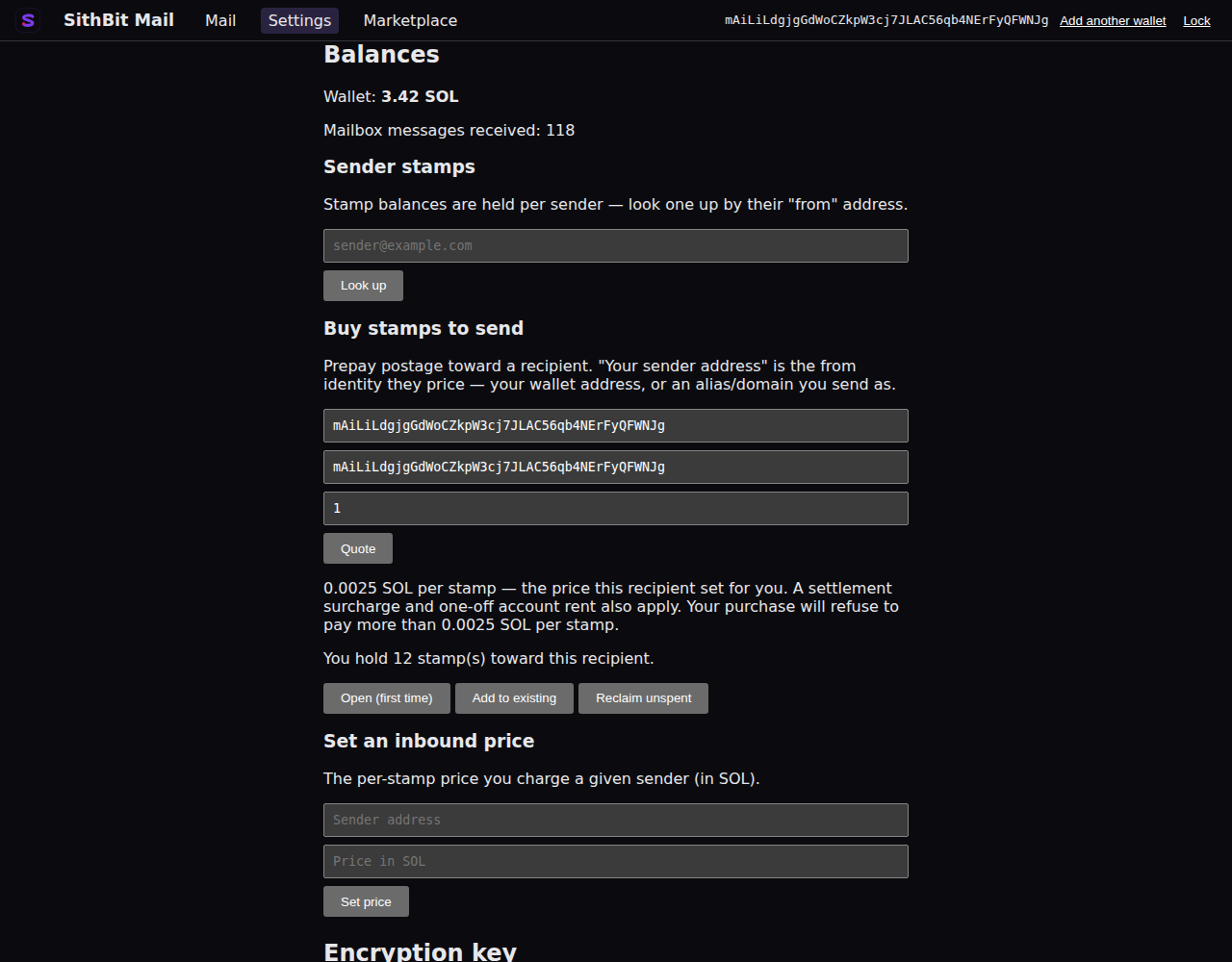 The webmail #/settings dashboard on its Wallet tab, showing the Balances pane — the wallet balance and mailbox message count above a Sender stamps look-up form, then “Buy stamps to send” with the sender and recipient addresses filled in and a returned quote reading “0.0025 SOL per stamp — the price this recipient set for you” over “You hold 12 stamp(s) toward this recipient.”, with Open (first time), Add to existing, and Reclaim unspent buttons beneath it, and the Set an inbound price form below.