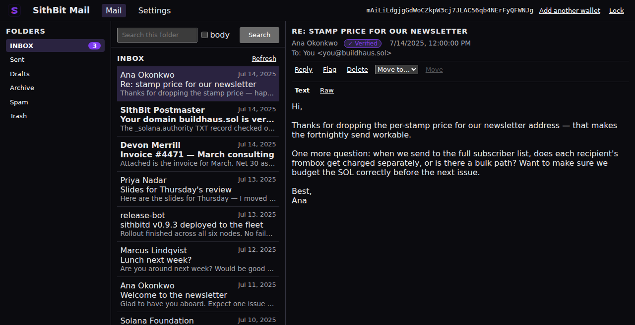The webmail #/mail view with mail in it — the three-pane reader: a folder rail (INBOX with an unread badge, plus Sent, Drafts, Archive, Spam, Trash), a newest-first message list showing senders, subjects, dates, and snippets, and the reader open on a selected message with a “✓ Verified” sender trust mark beside the From line, Reply/Flag/Delete/Move actions, and a Text/Raw toggle. A collapsed Compose button sits bottom-right.