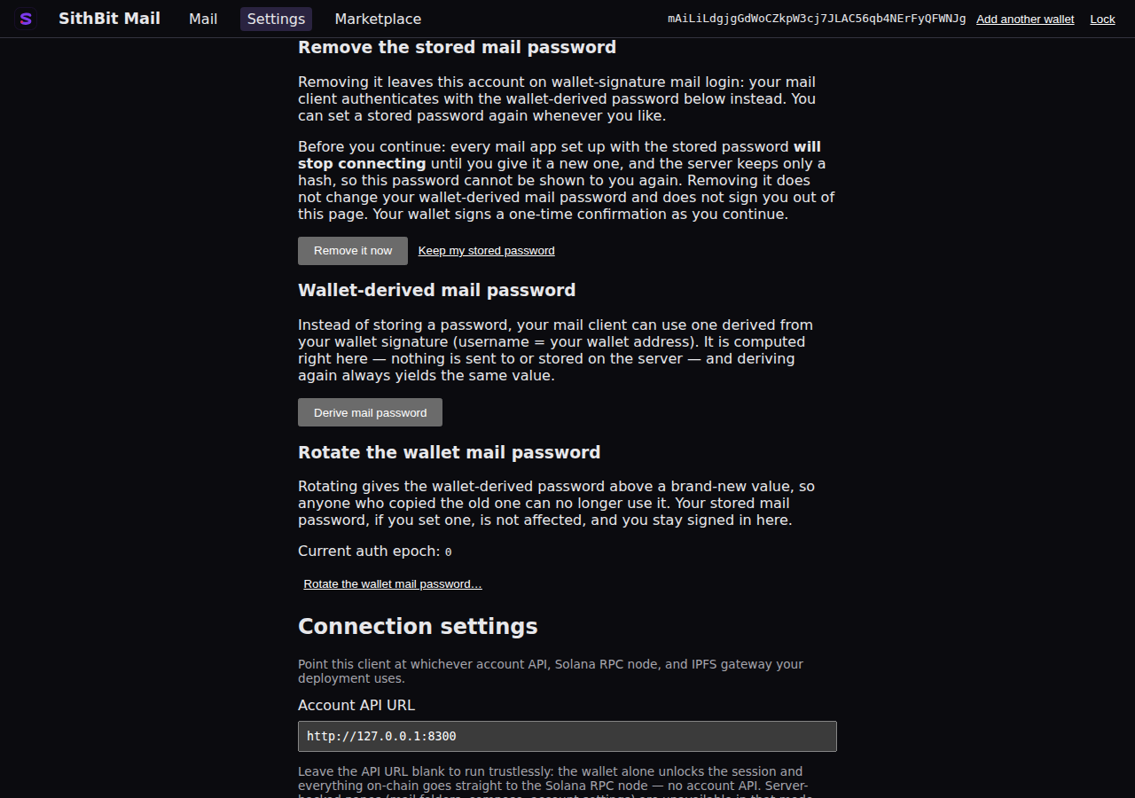 The webmail #/settings dashboard on its Sign-in tab, scrolled to the “Remove the stored mail password” section — the heading above “Removing it leaves this account on wallet-signature mail login: your mail client authenticates with the wallet-derived password below instead. You can set a stored password again whenever you like.”, with the control already armed, so the warning “Before you continue: every mail app set up with the stored password will stop connecting until you give it a new one, and the server keeps only a hash, so this password cannot be shown to you again. Removing it does not change your wallet-derived mail password and does not sign you out of this page. Your wallet signs a one-time confirmation as you continue.” shows above the Remove it now and Keep my stored password buttons.