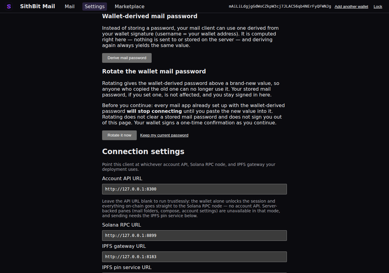 The webmail #/settings dashboard on its Sign-in tab, scrolled to the Wallet-derived mail password section — the Derive mail password button above a “Rotate the wallet mail password” heading whose control has been armed, so the warning “every mail app already set up with the wallet-derived password will stop connecting until you paste the new value into it. Rotating does not clear a stored mail password and does not sign you out of this page. Your wallet signs a one-time confirmation as you continue.” shows above the Rotate it now and Keep my current password buttons.