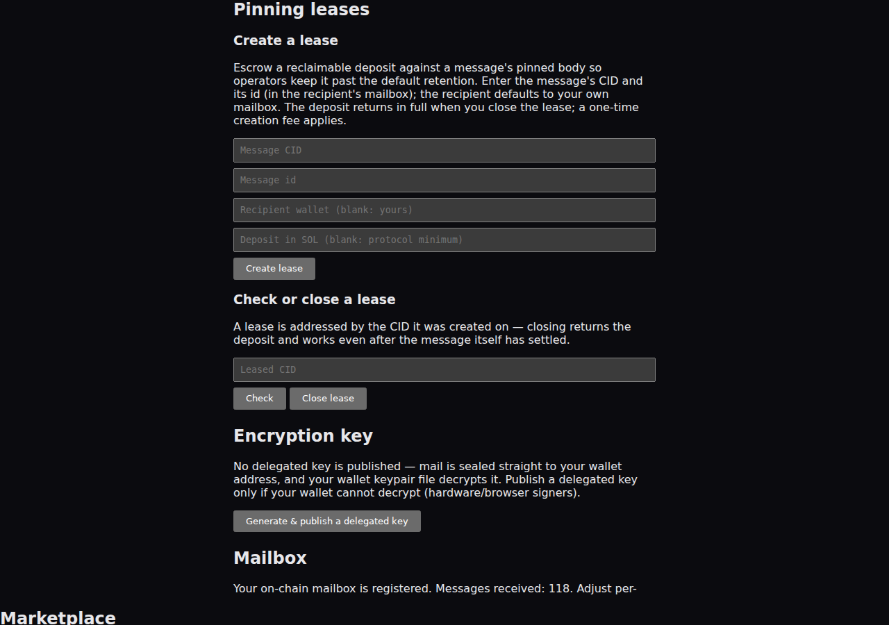 The webmail #/settings dashboard for a signed-in, mailbox-registered wallet, scrolled to the Pinning leases pane — the create-a-lease form (message CID, id, recipient, and deposit fields with the Create lease button enabled for the unlocked wallet) above the check-or-close form, with the Encryption key and Mailbox panes below.